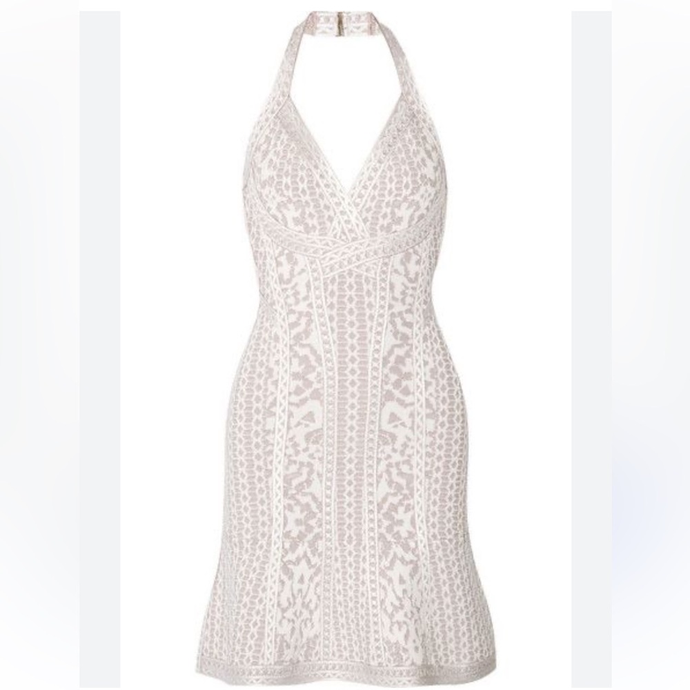 Herve Leger Flared Knit Jacquard Halter Dress